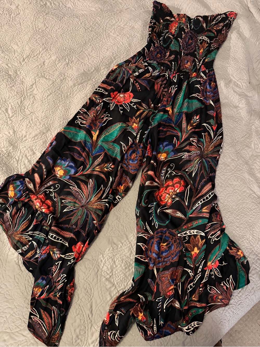 Angie Strapless smocked top Floral Wide-Leg Jumpsuit - Black